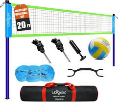 outdoor portable volleyball net system - adjustable height poles with soft volleyball ball, pump, hammer, boundary line, and carry bag for backyard, beach, lawn 32ft blue green