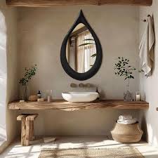 FEUFOAM Black Irregular Wall Mirror Wooden Teardrop Bathroom Mirror Unique Asymmetrical Decorative Accent Mirror for Bathroom Living Room Entryway Dressing Room