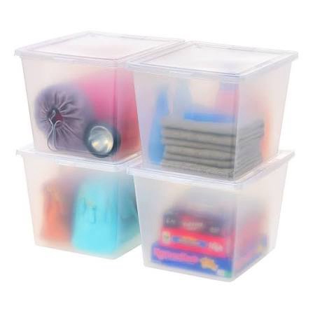 IRIS USA 36 Qt Clear Storage Box  BPA-Free Plastic Stackable Bin with Lid  4 Pack  Containers to Organize Closet Shelves  Clothes  Blankets  Towels