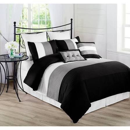 chezmoi collection loft 8-piece luxury striped comforter set (california king, black/gray/white)