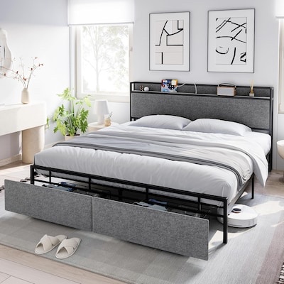 Qeetex King Size Bed Frame with Headboard and Storage Drawers Platform Bed Frame with Outlets Sturdy Noiseless No Box Spring Needed Easy Assembly