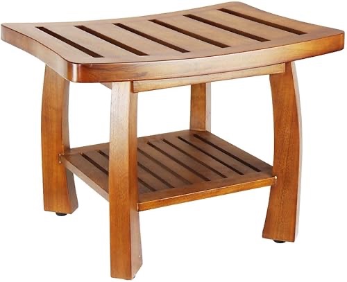 Versatile Solid Wood Spa Bench With Storage Shelf, Stylish Teak Color For Bath And Home