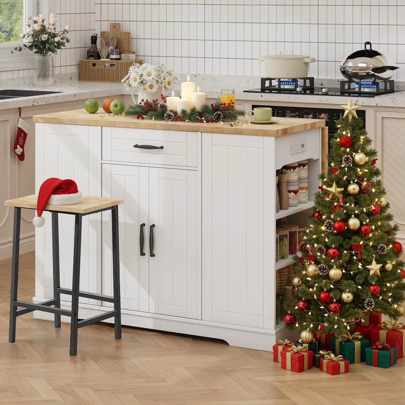 Kitchen Island With Storage Cabinet And Trash Cabinet, 3 Pieces Kitchen Dining Table Set With 2 Stools And Drop Leaf 