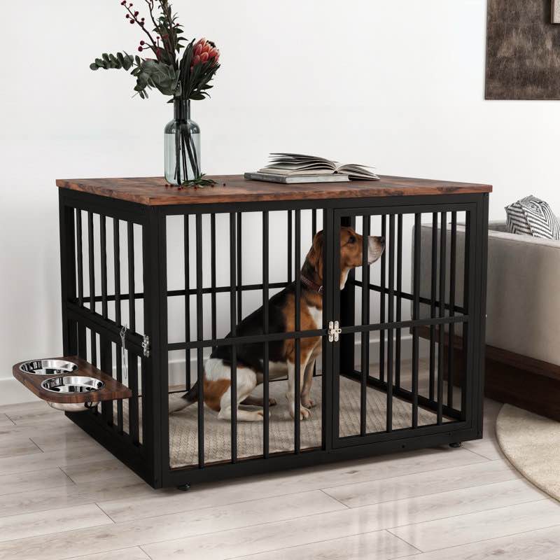 39"/43'W Stackable Metal Wooden Dog Crate With Feeding Bowls, 3 Doors 