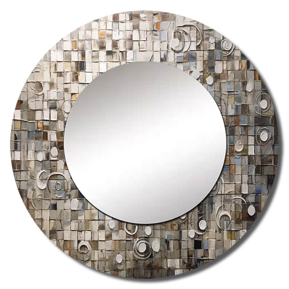 Designart "Brown And White Bohemian Medley" Boho Mosaic Wall Mounted Round Large Mirror - Modern Large Mirror Wall Décor