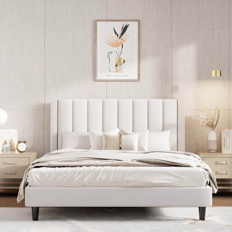 Stauton Upholstered Platform Bed with Velvet and Striped Headboard By Mercer41