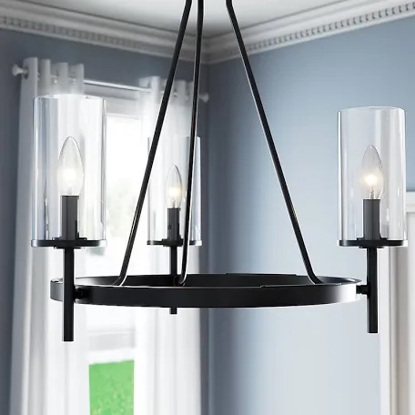 Progress Lighting Strahan 3-Light Black Transitional Clear Glass Shaded Incandescent Chandelier