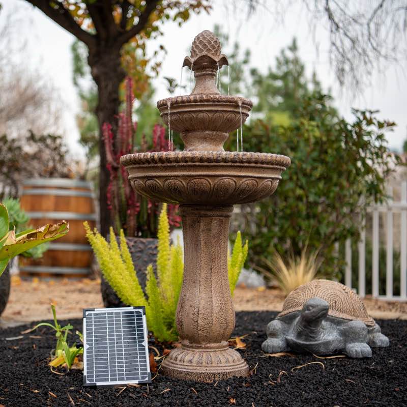 Haygazun 39" Solar Water Fountain, 2-Tier, Outdoor, Sand Stone Resin, With Solar Panel & Solar Pump