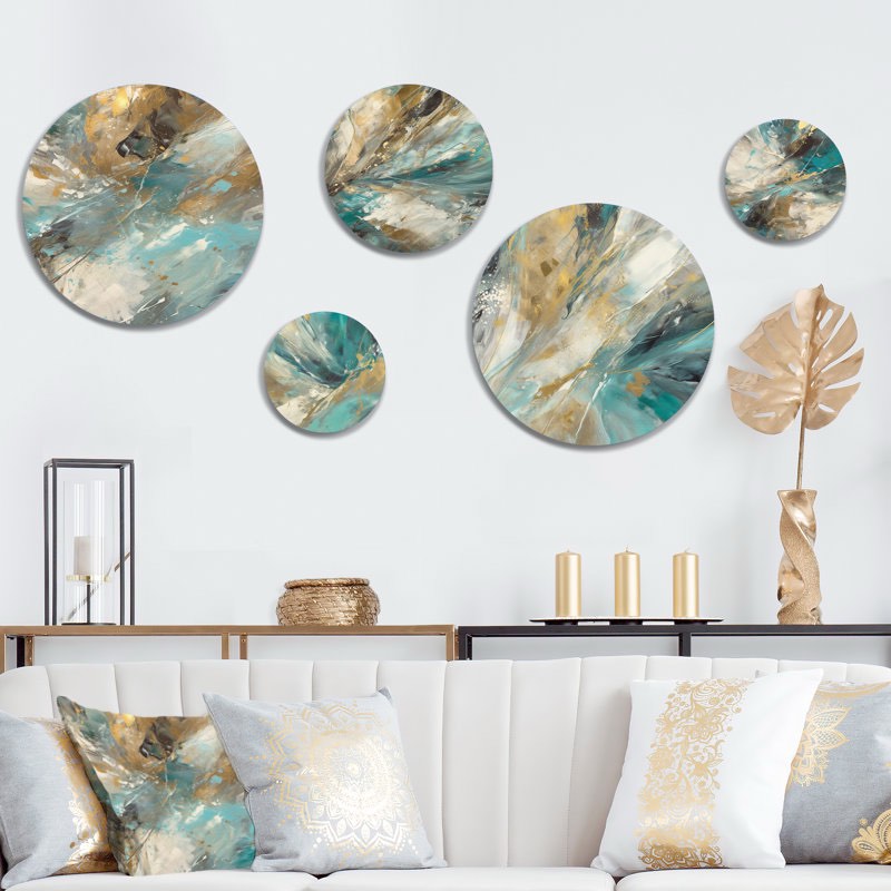 5 Golden Hour In Turquoise Waves I - Metal Wall Decor Set Round Metal By Design Art