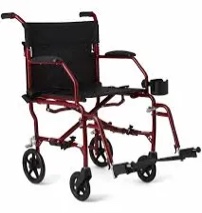 Medline - Ultralight Transport Wheelchair with 19'' Seat, Folding Transport Chair with Permanent Desk-Length Arms - Red