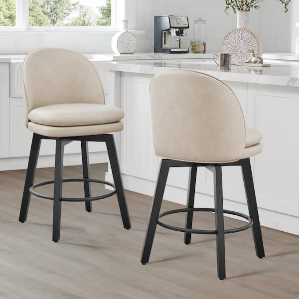 Spruce & Spring Cyprian 26 in. Beige Low Back Swivel Counter Height Bar Stool with Leather Seat and Wood Frame (Set of 2)