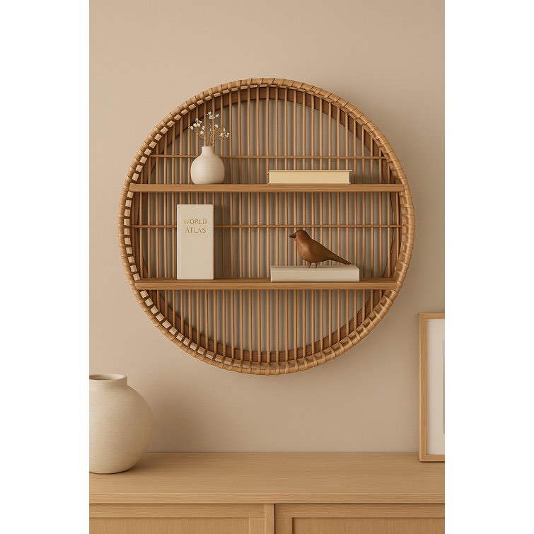 5"wx31" diameter, bamboo wall shelf, natural finish, rustic and decorative storage solution for bedroom, bathroom, office, kitchen, or general living space