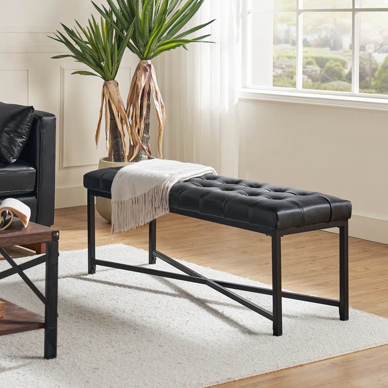 tyreise 50.5'' w modern genuine leather bench with button-tufted and metal legs 
