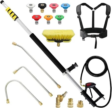 janz Aluminum 24 FT Telescoping Pressure Washer Wand with Pressure Washer Extension Wand,Gutter Cleaner Attachment, 5 Spray Nozzle Tips, 2 Hose Inlet Adapters and Support Harness
