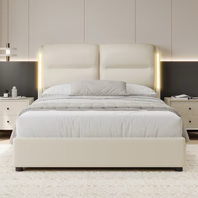 GZMR Upholstered Queen Size Platform Bed with Lift Up Storage Cream Queen Wood and metal Bed