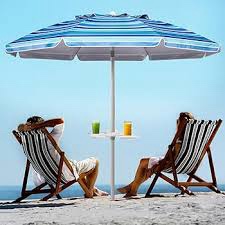 aoxun beach umbrella with tilt pole, portable sand anchor and carry bag, upf 50+ sun shelter air vents design for outdoor activities (navy blue & white), 6.5ft