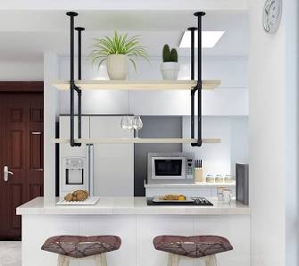 DIYHD 2 Tier Ceiling Mount Black Shelf Bracket,U Shape Pumbing Pipe Kitchen Storage Brackets (No Planks), 37" Bracket-2 Pairs