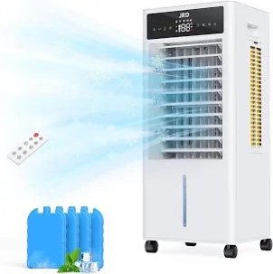 JRD Portable Air Conditioners with 4 Ice Packs, 12H Timer, Top Fill Dual Tank, Evaporative Air Cooler Portable with 4 Modes, 3 Speeds, Mist Function, Quiet Swamp Cooler for Bedroom Office Indoor