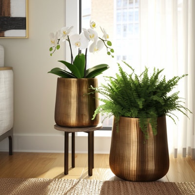 Planters Metal Aluminum Hand-Hammered Texture Indoor Outdoor Home Garden Use Set Of 2 - 16", 12" Bronze, Copper, Metallic