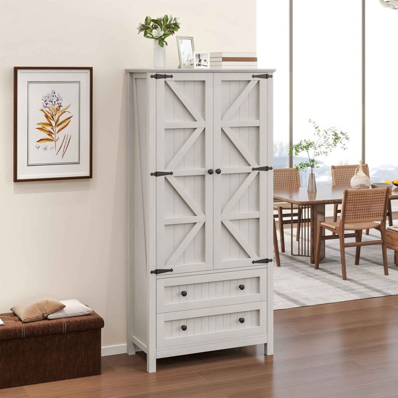 Gracie Oaks 64.5'' H Farmhouse Kitchen Pantry Cabinet With Drawers & Adjustable Shelves