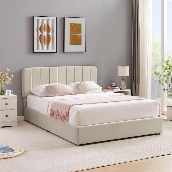 Upholstered Beige Metal Frame Queen Size Platform Bed Frame with 4 Storage Drawers and Headboard Wooden Slats Support