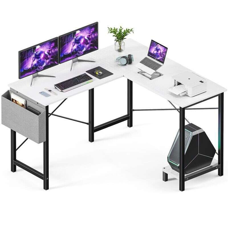 Sweetcrispy L Shaped Computer Desk - Gaming Table Corner Desk 50 Inch PC White Writing Desk Study Desks with Wooden Desktop CPU