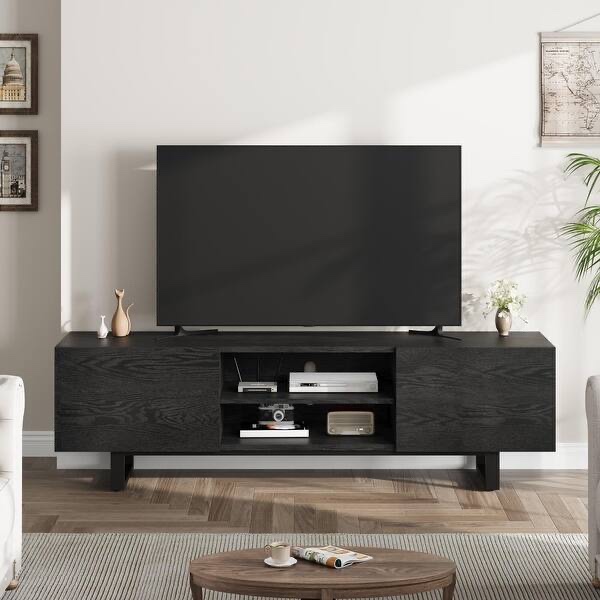Industrial TV Stand for 75 Inch, Walnut Entertainment Center with 2 Drawers and Heavy Duty Support Leg - Black