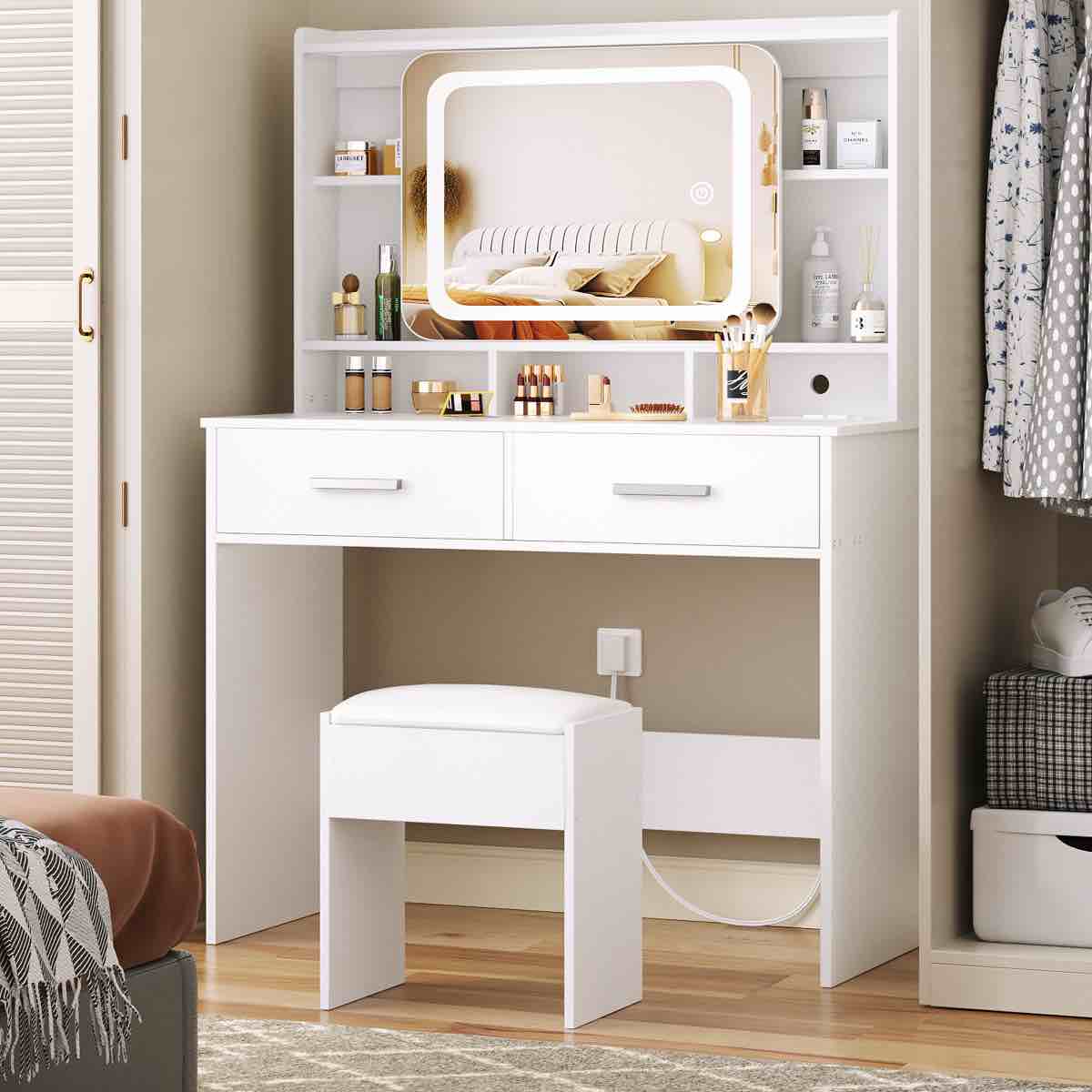 32.8 '' Makeup Vanity Desk with LED Light Slide Mirror, 2 Drawers Power Outletand And Stool By Ivy Bronx
