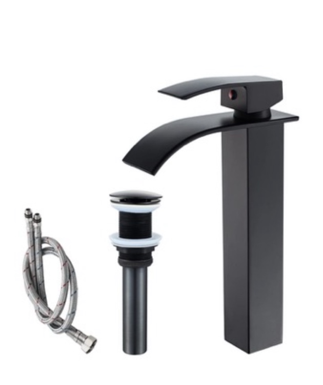 VOTON Vessel Sink Faucet Matte Black Modern Tall Waterfall Bathroom Sink Faucet with Pop-Up Drain Single Handle Bathroom Faucet 1 Hole Bowl Lavatory Vanity Faucet, Rv Sink Camper Farmhouse Faucet