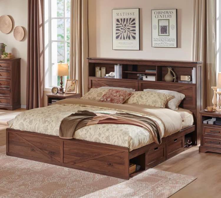 Etsuyo Farmhouse King Bed Frame with Headboard and Power Outlets, Wood Platform Bed with Storage, 4 Drawers ,Led Light, No Box Spring. MISSING PIECES 