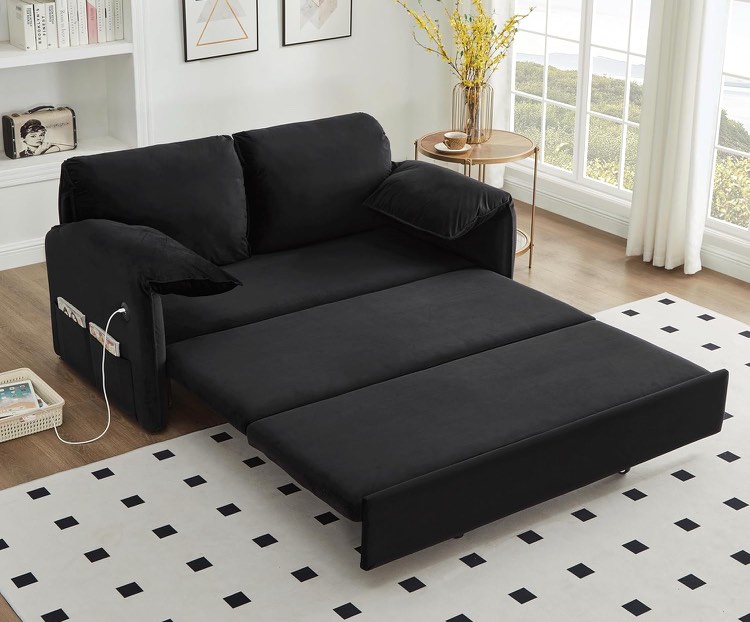 D S Homeport 62" Queen Pull Out- Modern Velvet Convertible Sleeper Sofa with Side Pocket, Comfy Loveseat Couch for Living room Bedroom