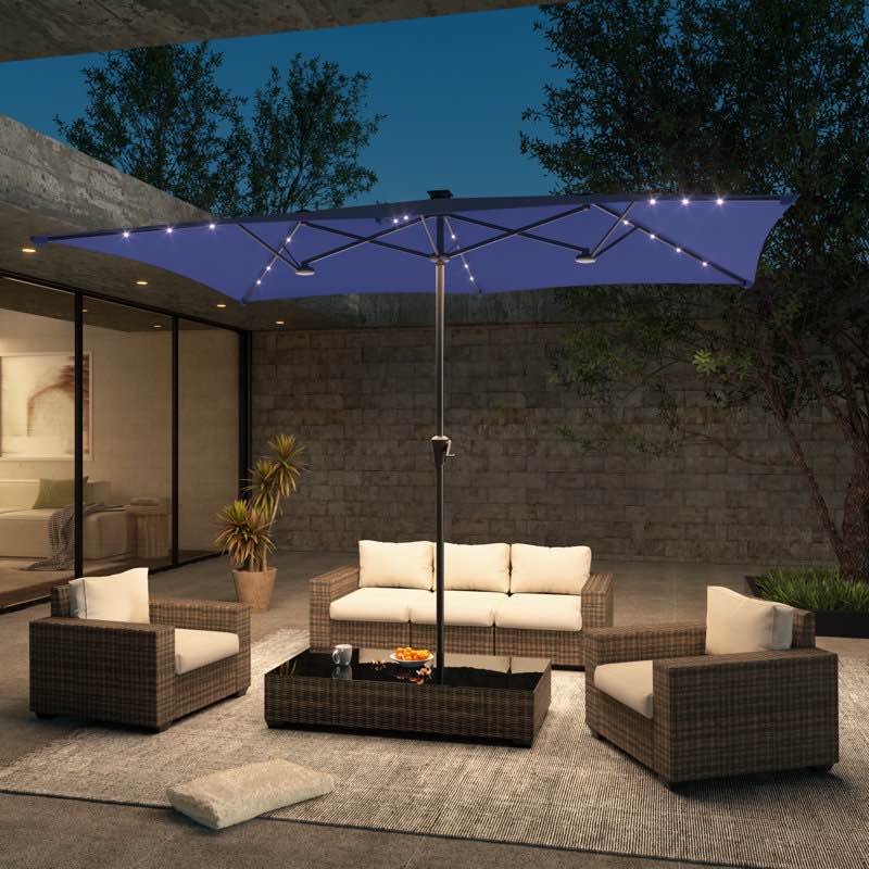 11x7Ft LED Patio Table Double-Sided Umbrellas with UV-Resistant Canopy and Crank