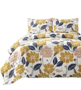 Lucia Abstract Floral Cotton Quilt Yellow/Navy 3Pc Set queen