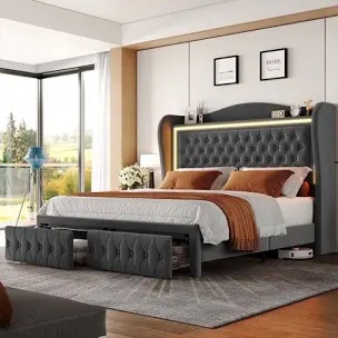 Kaliya Velvet Upholstered Wingback Platform Bed with LED Lights, 