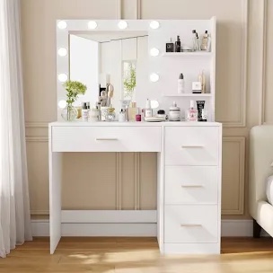 (Missing pieces) Makeup Vanity Table with Lighted Mirror, Vanity Desk with Storage Shelf and 4 Drawers by Ebern Designs