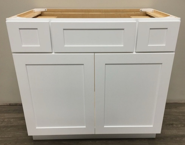 SHAKER WHITE VANITY CABINET KITCHEN BATH 36" W X 31-1/2" H X 21" D ALL WOOD ( Has a small Chipping on bottom)