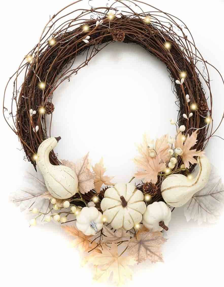 DecorbyHannah Thanksgiving Wreath for Front Door, 22 inch Grapevine Natural Fall Wreath with White Pumpkins Maple Leaves for Farmhouse Harvest Home Wall Window Indoor Outdoor Decor