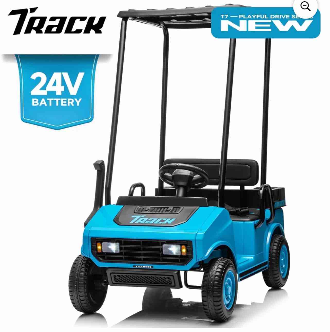 Track 7 24V Ride on Car, Electric Golf Cart with Ceiling, Ride on Truck with Remote Control, Music, Rear Storage Box, Electric Car for Boys Girls Age 3+, 18.5" Large Seat with Armrests, Blue