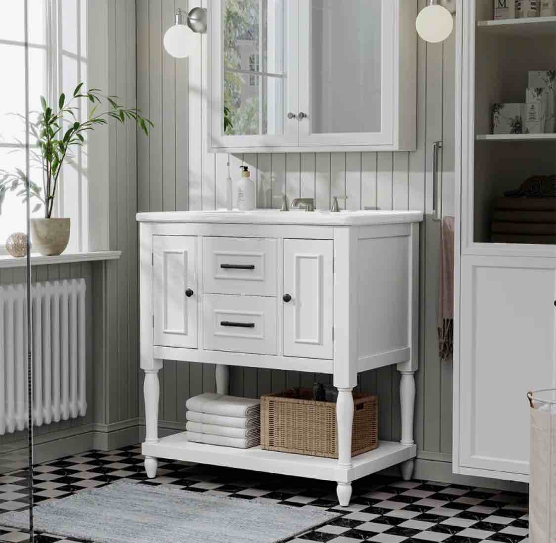 Deimy 30'' Single Bathroom Vanity, Bathroom Vanity with Sink, Bathroom Vanities with Ceramic Top, Vanity Bathroom with 2 Cabinets , 2 Doors and 2 Drawers, Freestanding Comb Vanity for Bathroom, Vanity with Sink with Solid Wood Legs