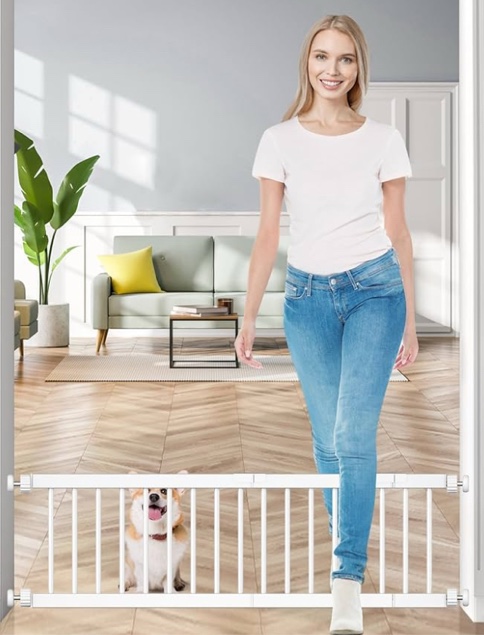 Dog Gate - 18"-45" Adjustable Extra Wide Metal Short Dog Gate to Step Over, 10" Tall Small Pet Gate with 3 Extension Kits, Pressure Mounted for Doorways & Stairs