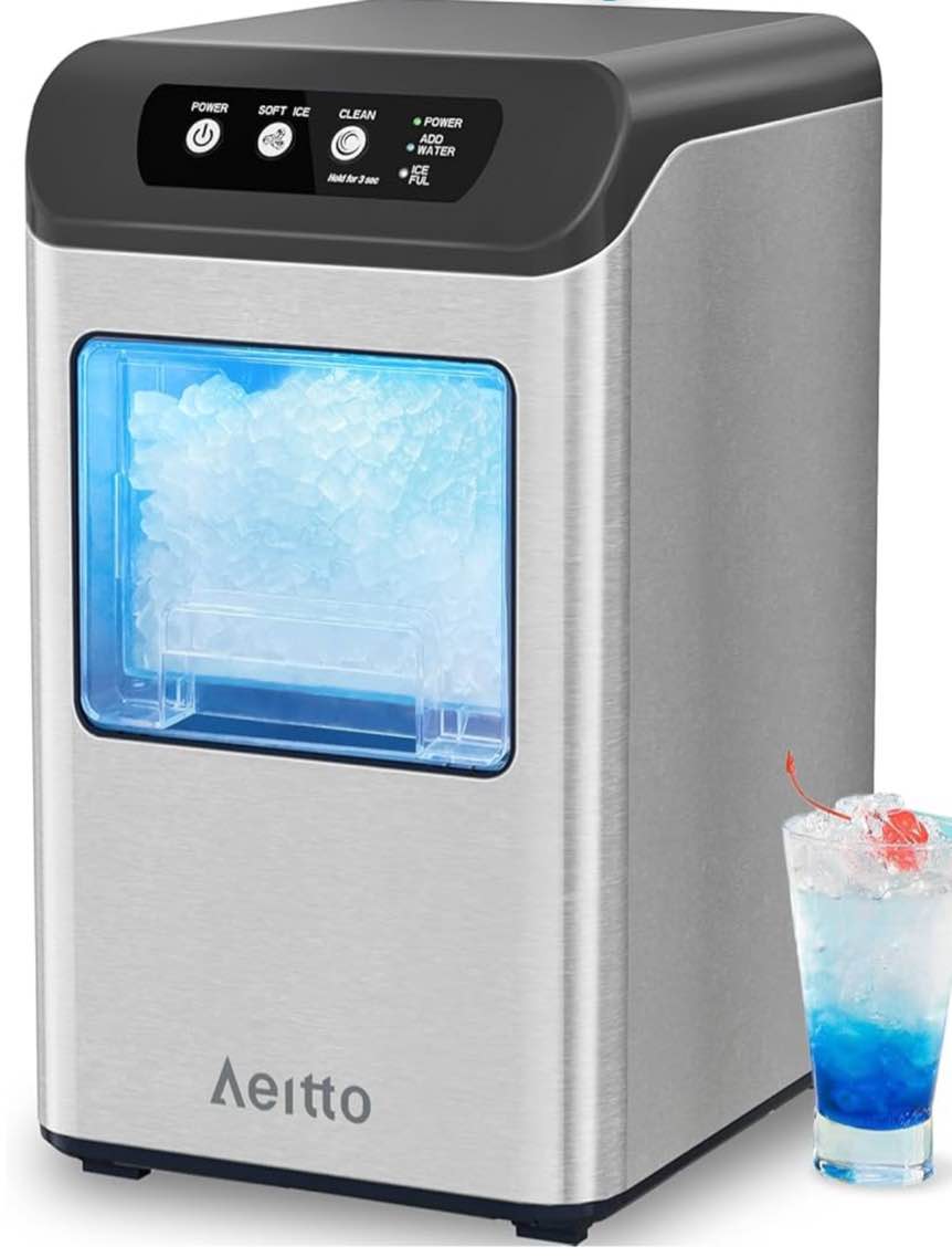 Aeitto Nugget Ice Maker Countertop, 55 lbs/Day, Chewable Ice Maker, Rapid Ice Release in 5 Mins, Auto Water Refill, Self-Cleaning, Stainless Steel Housing Ice Machine, Black ( USED)