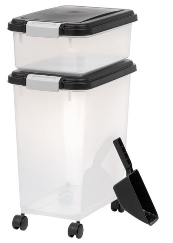 IRIS USA Dog Food Storage Container, 30 lbs & 11 lbs Combo, Cat Food Storage Container, Dog Treat Container, Airtight, Stackable, 2-Cup Scoop, Wheels, Easy Mobility, Chrome
