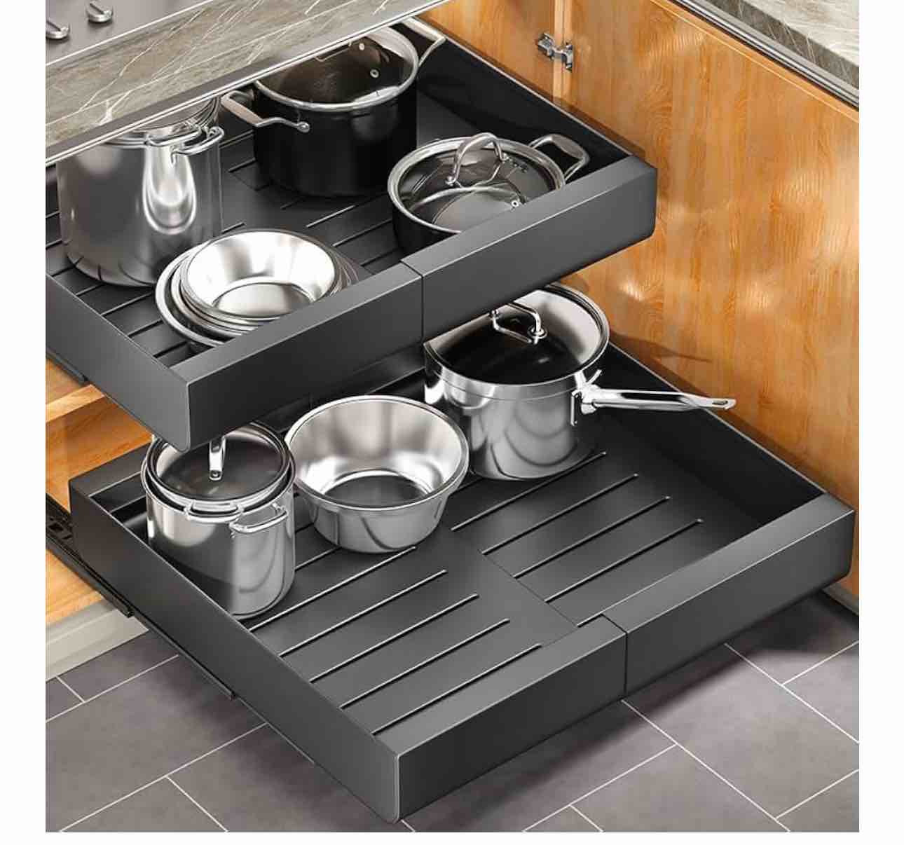 Pull out Cabinet Organizer, Expandable(12"-20") Heavy Duty Slide out Drawer Fixed with Adhesive Nano Film for Pots, Roll out Shelf Storage for Kitchen Base Cabinet Organization, Pantry, Bathroom ( ONLY ONE )