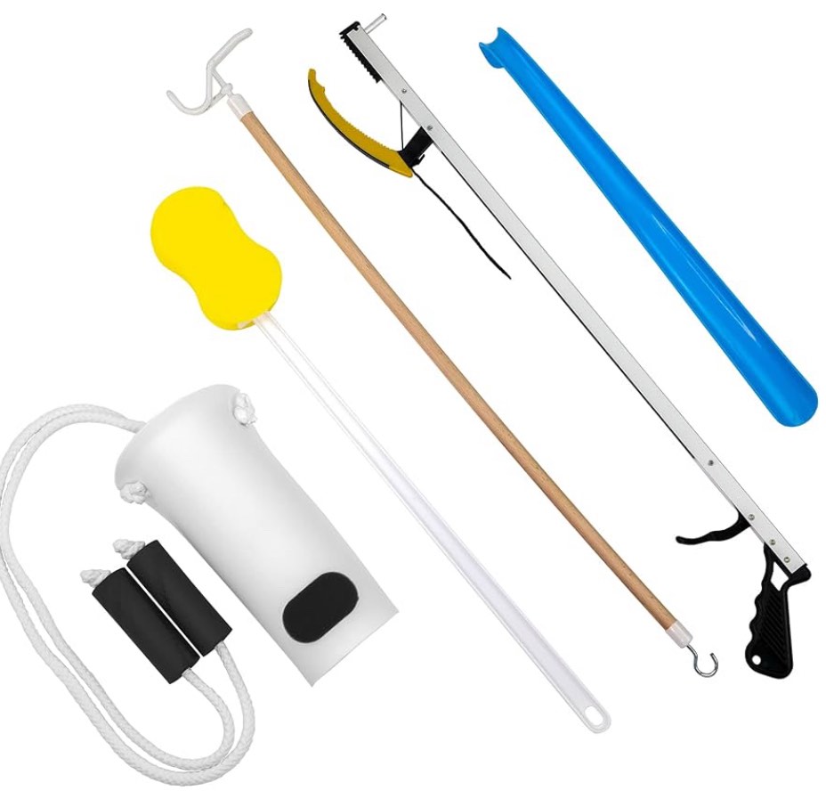 Hip Kit Daily Living Aids for Mobility, Hip Replacement Recovery, Knee and Back Surgery Includes Grabber Reacher, Bath Sponge Stick, Sock Aid, Shoehorn, Dressing Stick