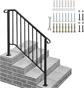 VINGLI Handrails for Outdoor Steps, Stair Handrail Fits 1 to 4 Steps, Wrought Iron Hand Rail Stair Railing Kit for Concrete Steps, Porch Steps or Wooden Steps (3 to 4 Steps)