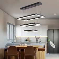 Led Chandelier 3 Ring Rectangle Chandelier for Dining Room,Dimmable Black Modern Chandelier Led Pendant Light Fixture Ceiling Hanging,Adjustable Height Contemporary Kitchen Chandelier for Living Room