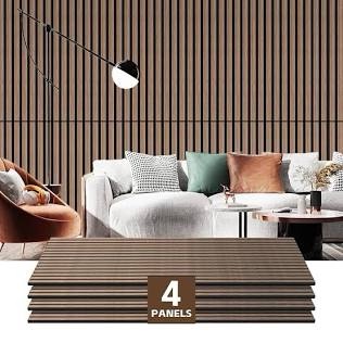 Wood Slat Wall Panel | 4 Pcs Acoustic Wall Panels 48" x 24.5" Wood Wall Panels 3D Sound Dampening Panels Wall Decoration - Walnut