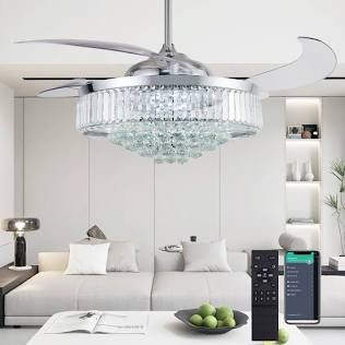 DuMaiWay 52" Dimmable Chandelier Ceiling Fan, Fandelier, Modern Crystal Retractable Invisible Blade LED Lighting with Remote Control for Bedroom Dining Room Living Room 6 Speed