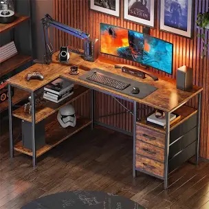 Huuger L-Shaped Desk with Power Outlets, 47" Office Desk with Shelves, Gaming & Home Office Workstation in Rustic Brown