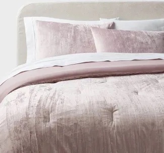 3pc Full/Queen Luxe Distressed Crinkle Velvet Comforter and Sham Set Mauve - Threshold™